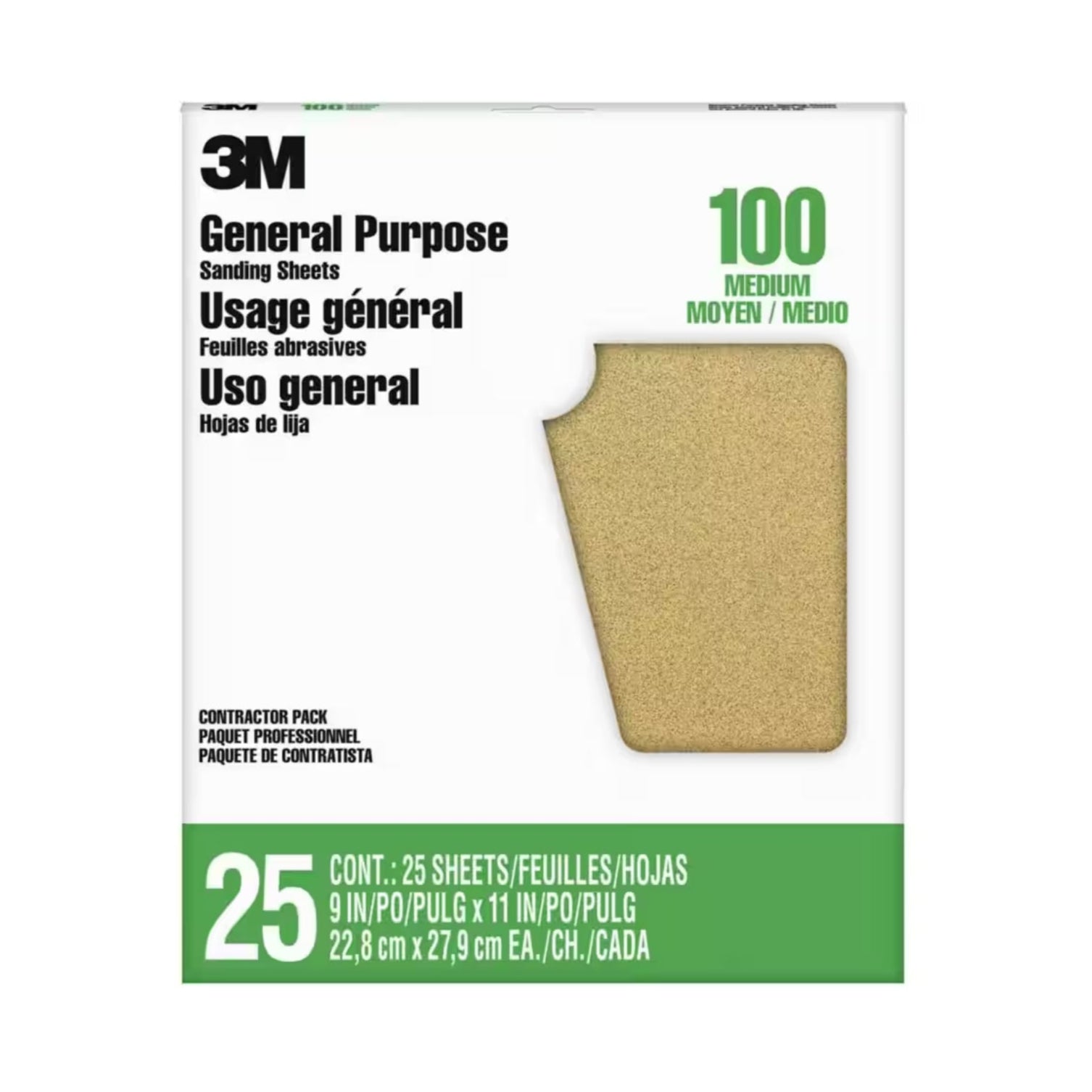 Package of 3M 11604NA-25 sanding sheets includes 25 sheets of 100 grit aluminum oxide sandpaper, each measuring 9 in. x 11 in., with packaging featuring a primarily white design and green and gold accents.